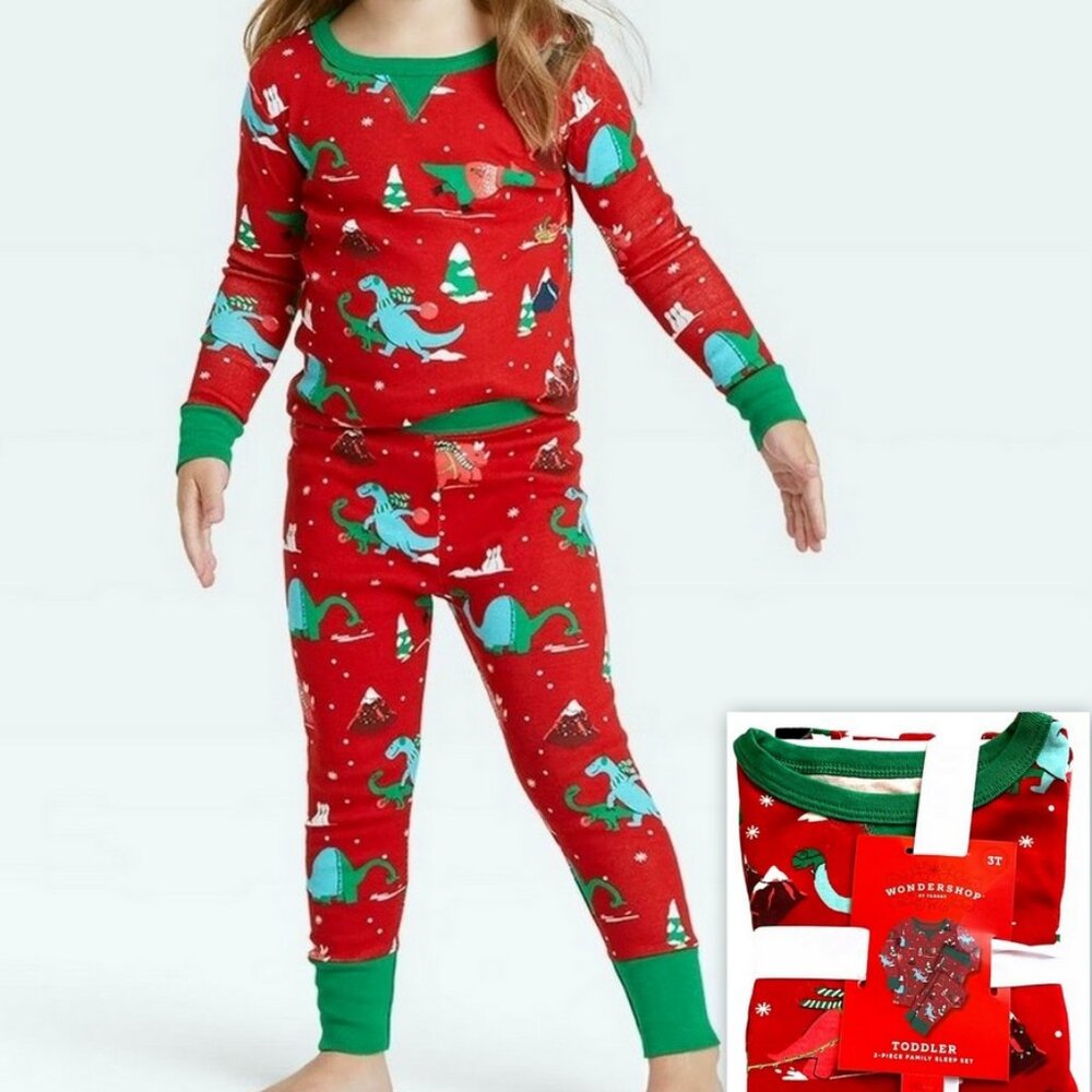 Wondershop 2 Piece Sleep Set Toddler 3T Red Dino Holiday Christmas Pajama Family